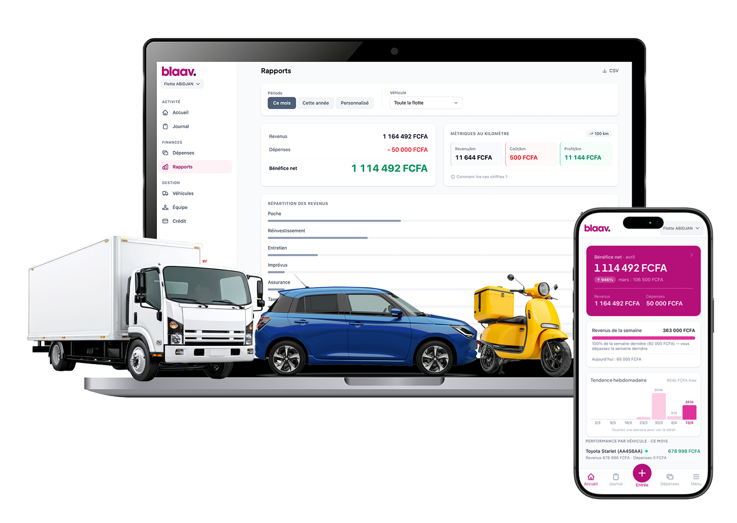 L'application Blaav affichant les rapports financiers sur ordinateur et mobile, avec des véhicules de flotte